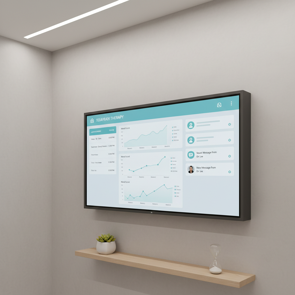 A large, wall-mounted flat-screen display in a quiet, minimalist consultation room, showing a paused telehealth therapy dashboard with organized appointment schedules, mood-tracking graphs, and secure messaging icons in soothing blues and greens. The screen is framed by a pale gray wall and a narrow floating shelf holding a small, healthy green plant and a sand timer. Soft, indirect LED lighting in the ceiling creates even, shadow-free illumination, enhancing the clean, clinical yet welcoming feel. Photographic realism with a slightly angled composition from the side, emphasizing the technology while leaving negative space around it, creating a calm, professional atmosphere ideal for behavioral health services.