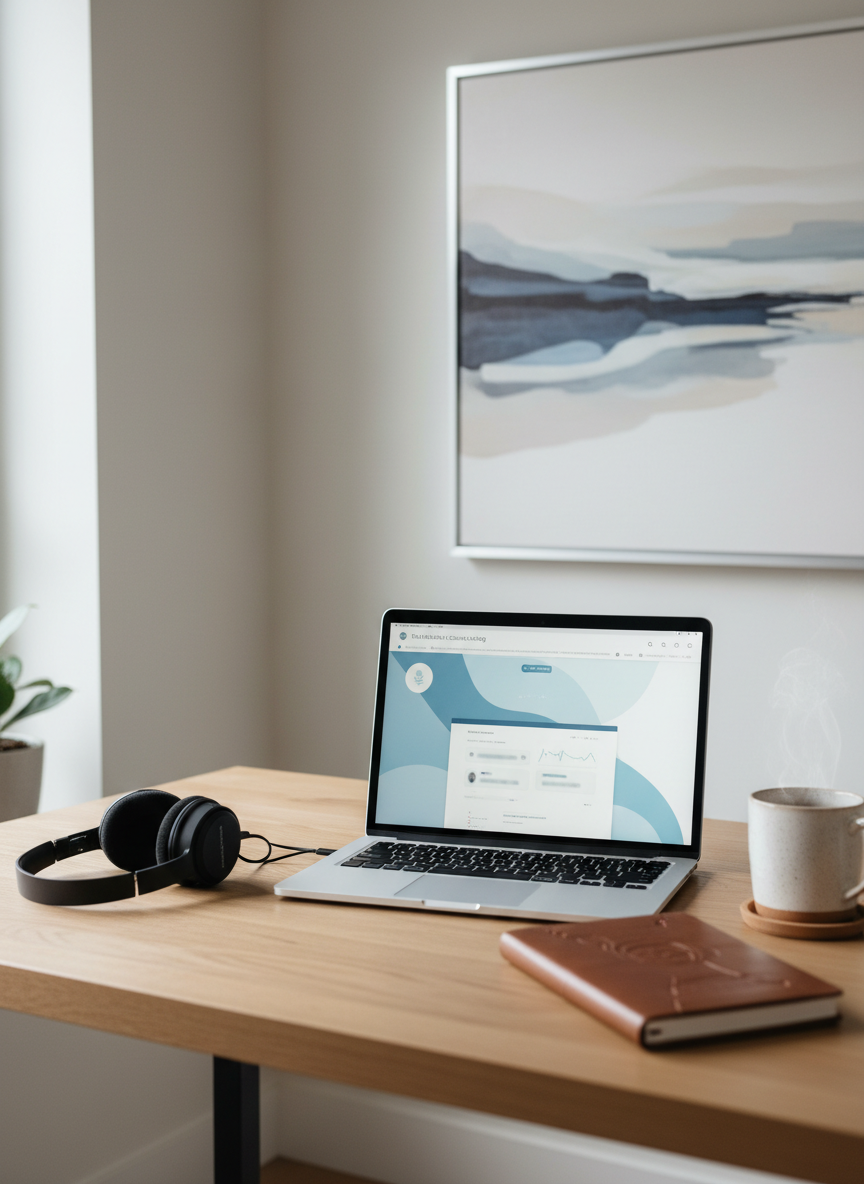 A modern, clutter-free home office corner featuring an open laptop on a light oak desk, its screen showing a calm, blue-and-white telehealth counseling interface with simple charts and messaging bubbles. A high-quality noise-canceling headset rests neatly beside a closed leather notebook and a ceramic mug of herbal tea. Behind the desk, a neutral-toned wall displays a soft abstract canvas in muted blues and grays. Natural daylight filters through an unseen window, casting gentle, diffuse light that softens shadows and creates a serene, professional mood. Photographic realism at eye-level, with a shallow depth of field keeping the laptop in sharp focus while the background gently blurs, conveying privacy, calm, and trust in online behavioral health care.